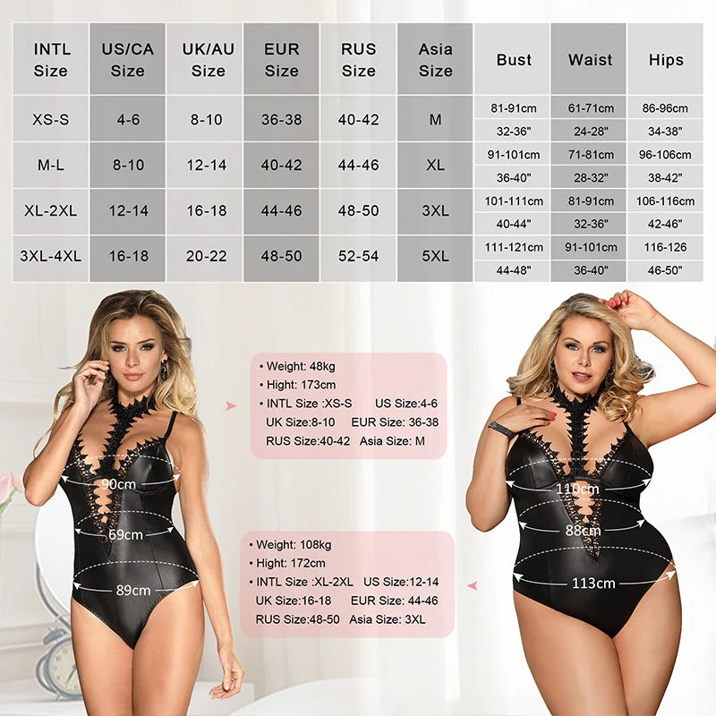 Women's Faux Leather Bodysuit with Lace Choker