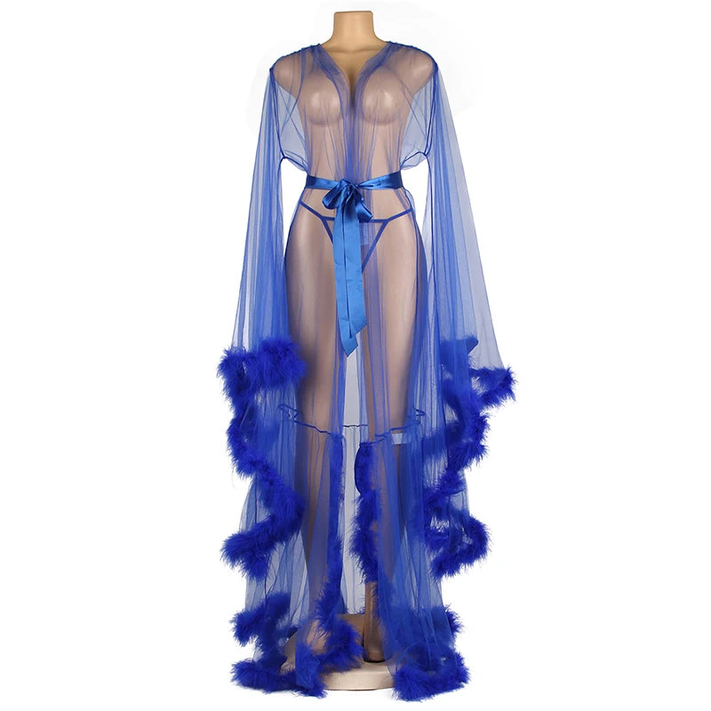 Women's Fur Bathrobe with Feather Lace Trim
