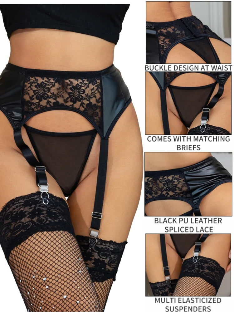 Women's Black Faux Leather Garter Belt with Suspenders and 4 Elastic Straps