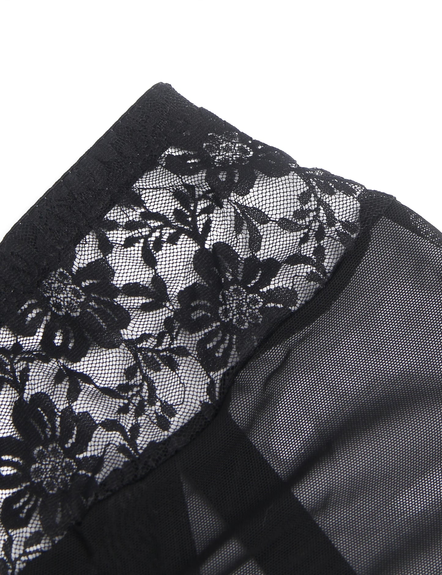 Women's Black Floral Lace Mid-Waist Sheer Mesh Garter with Metal Clips