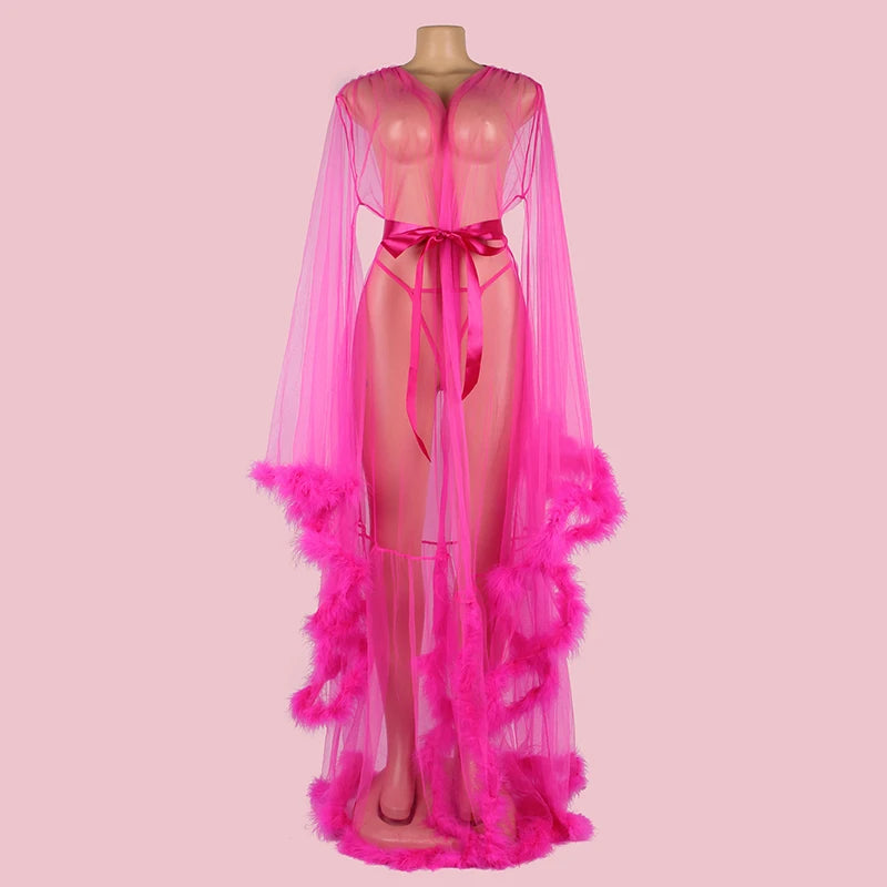 Women's Fur Bathrobe with Feather Lace Trim