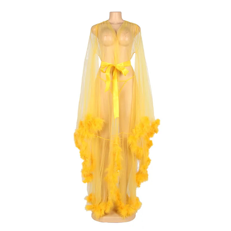 Women's Fur Bathrobe with Feather Lace Trim