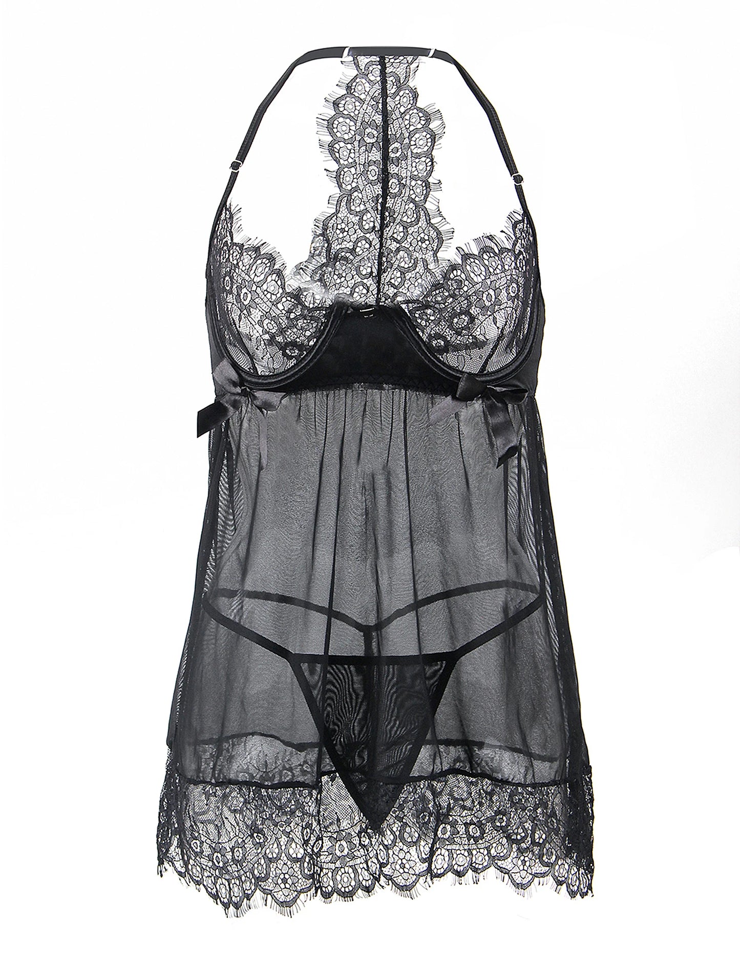Women's Plus Size Black Sheer Babydoll Nightgown with Floral Eyelash Trim and Lace Panties