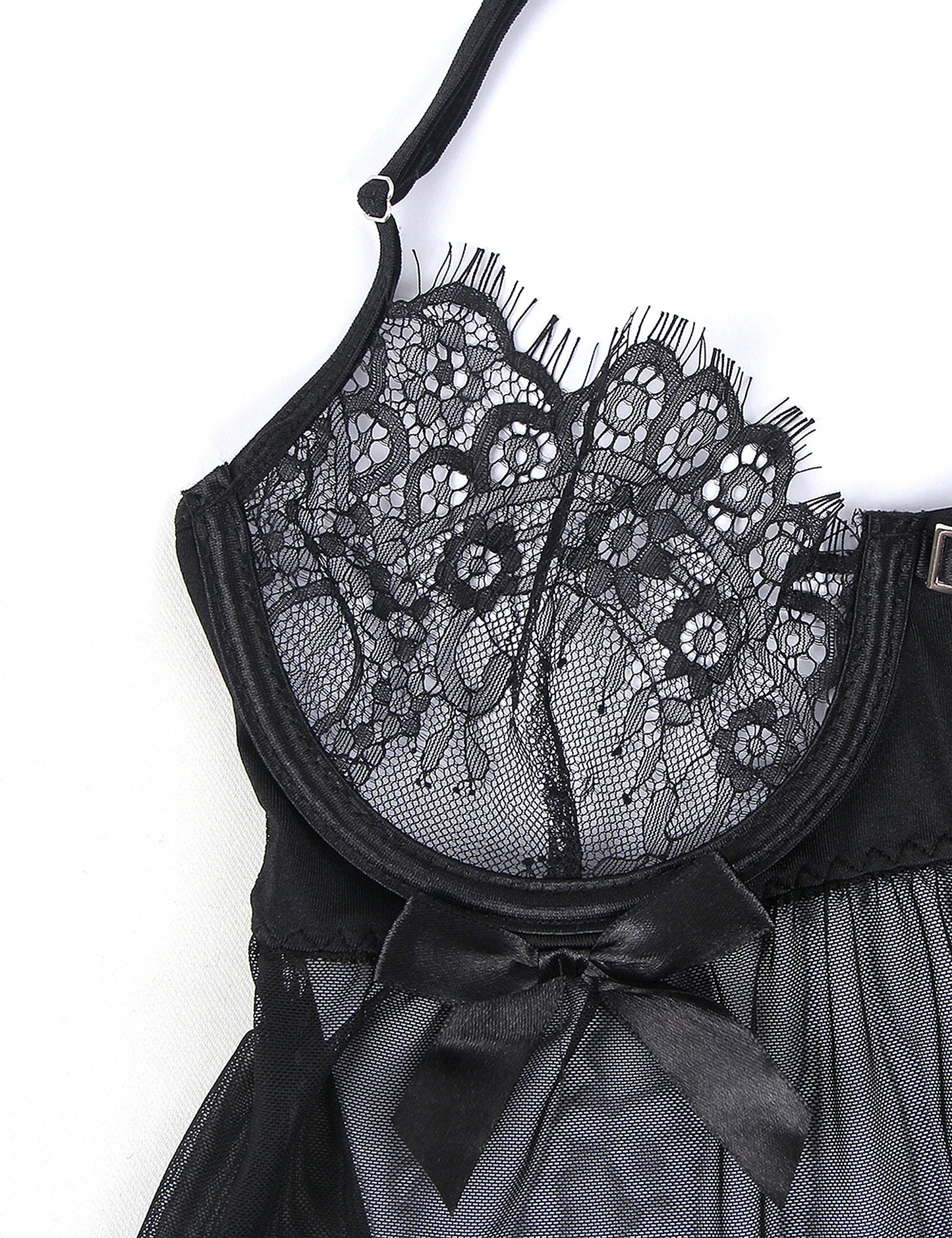 Women's Plus Size Black Sheer Babydoll Nightgown with Floral Eyelash Trim and Lace Panties