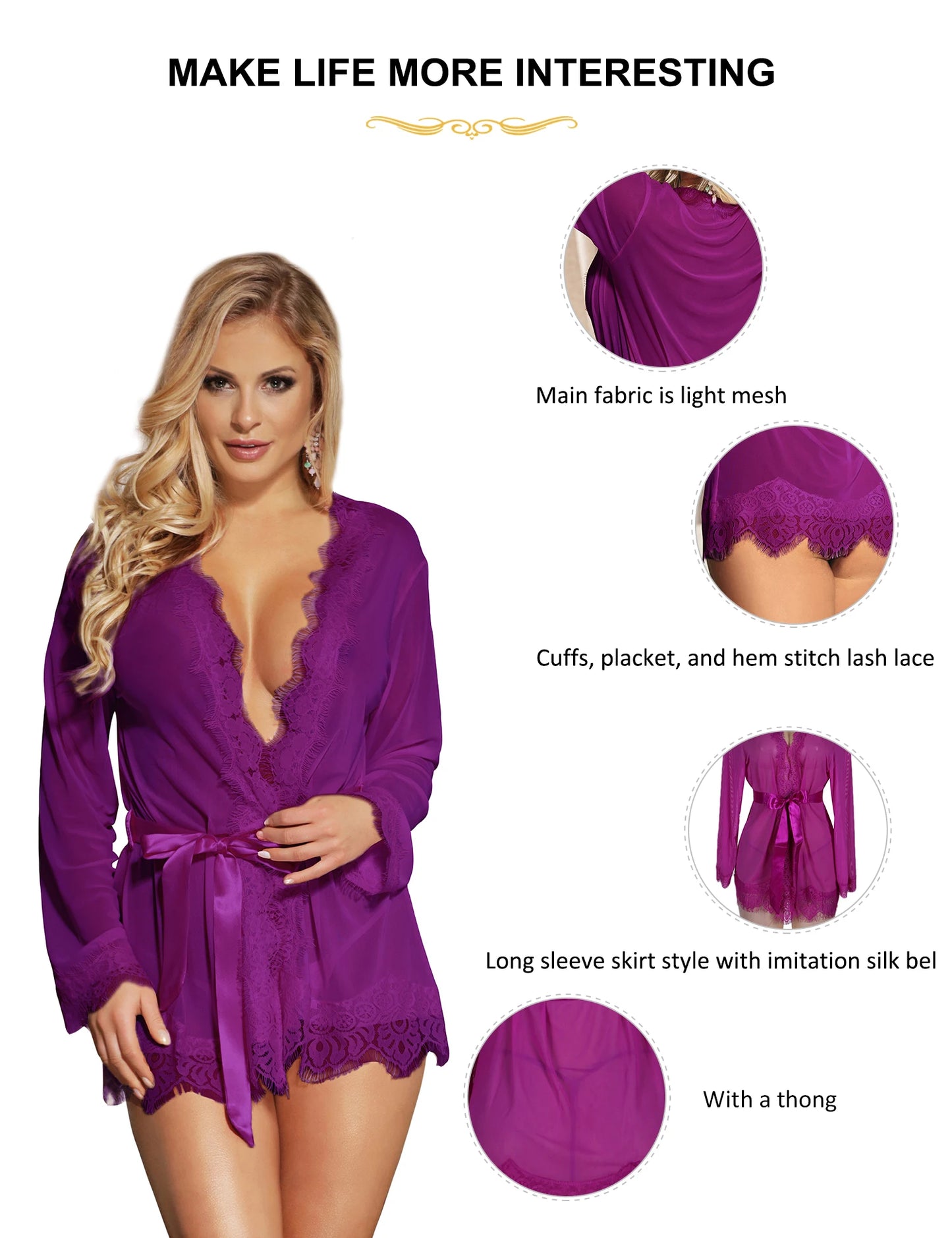 Women's Sheer Lace Robe with Satin Ribbon