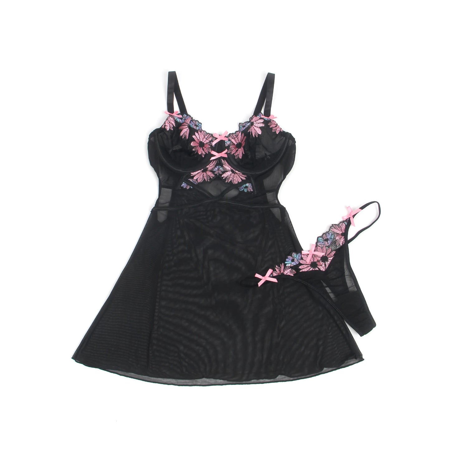 Women's Mesh Floral Embroidered Babydoll