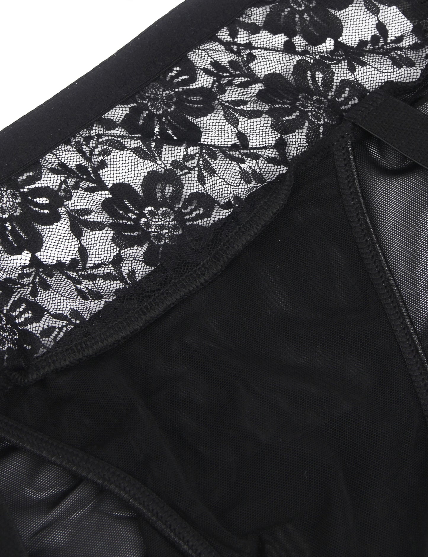 Women's Black Floral Lace Mid-Waist Sheer Mesh Garter with Metal Clips