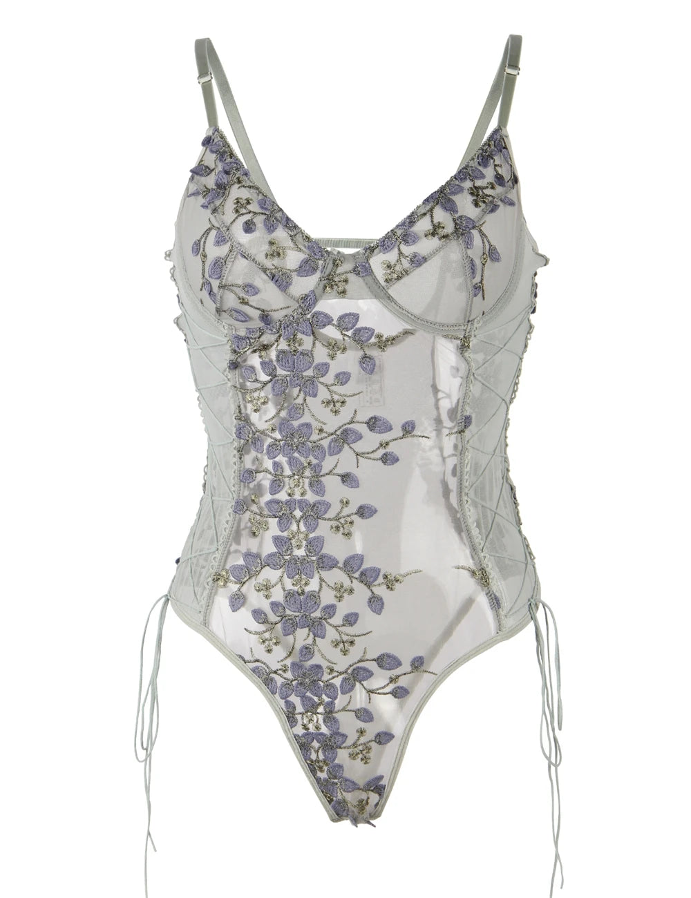 Women's One-Piece Floral Mesh Lace-Up Bodysuit