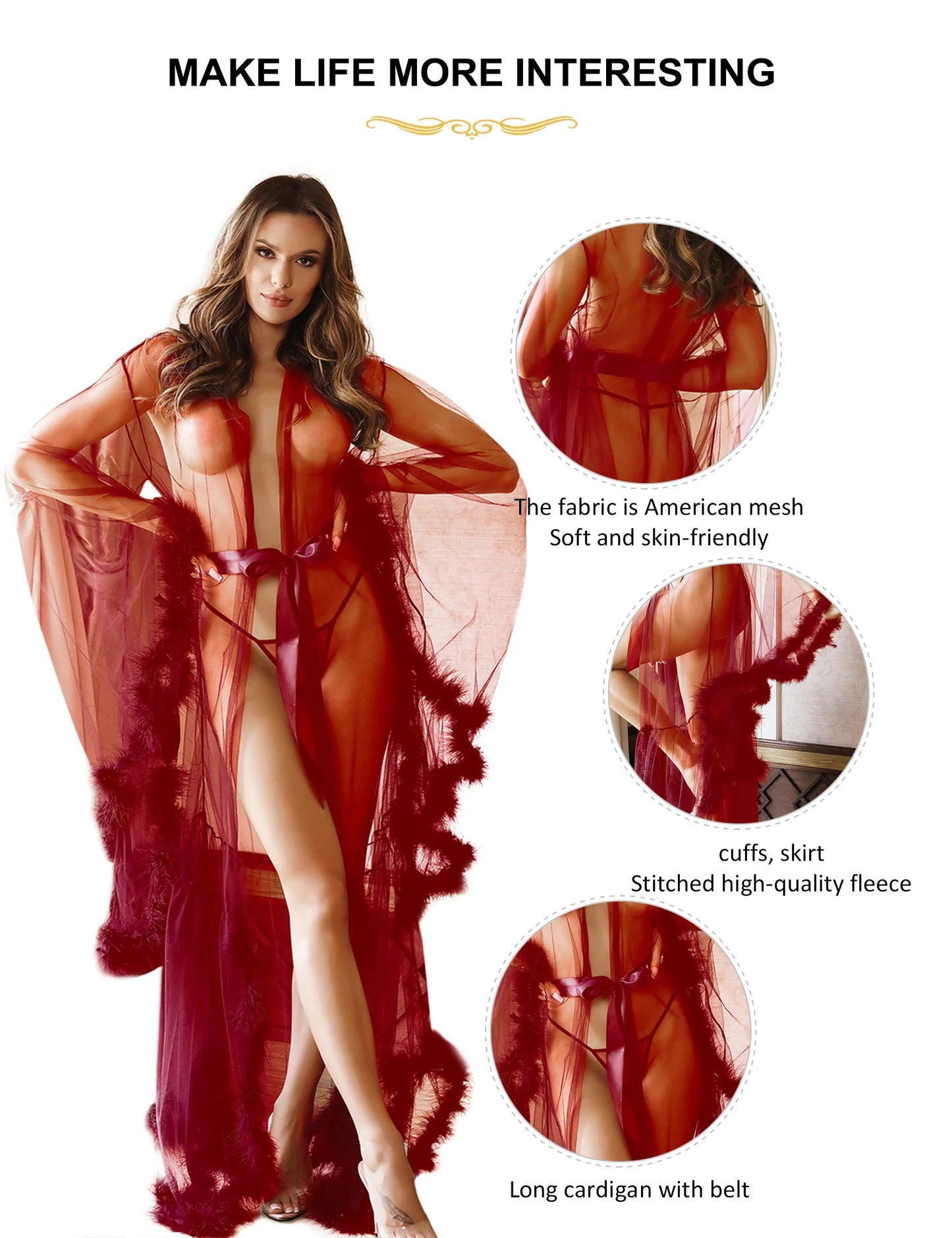 Women's Fur Bathrobe with Feather Lace Trim