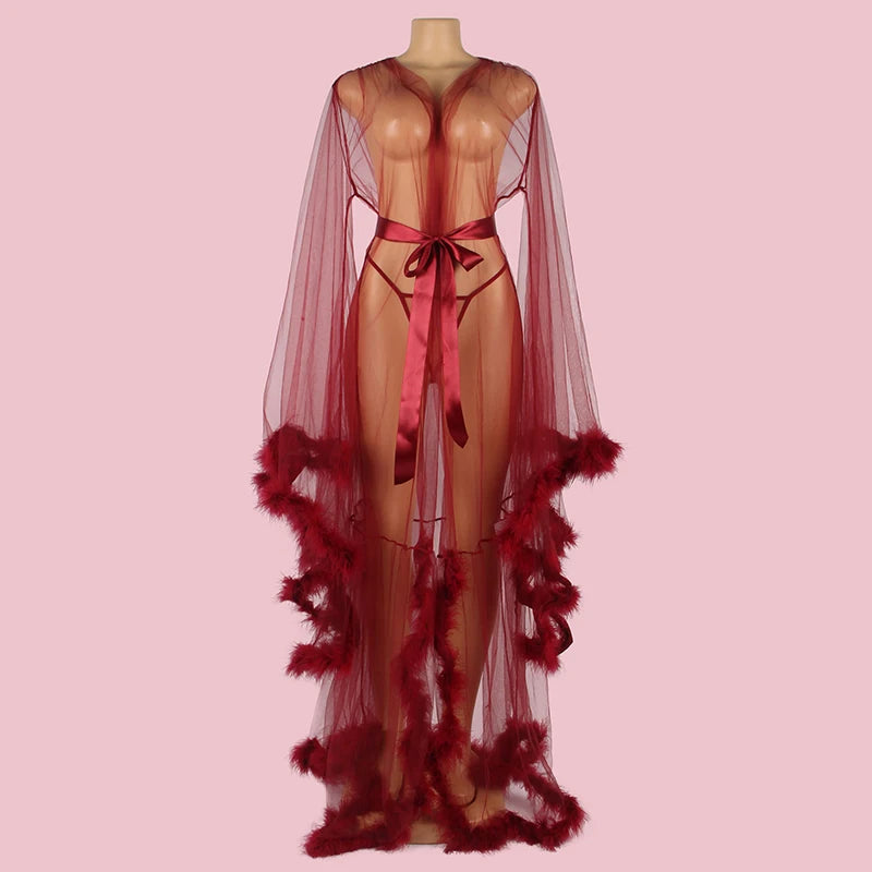 Women's Fur Bathrobe with Feather Lace Trim