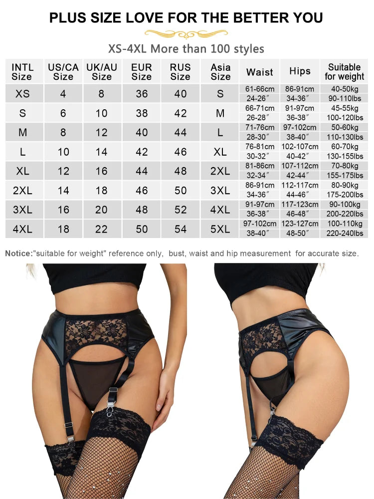 Women's Black Faux Leather Garter Belt with Suspenders and 4 Elastic Straps