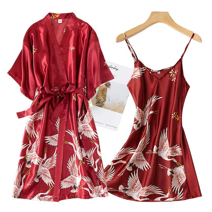 Faux Silk Kimono Robe And Gown Set