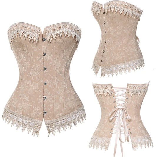 Lace Up Overbust Embroidery White Beige Corset