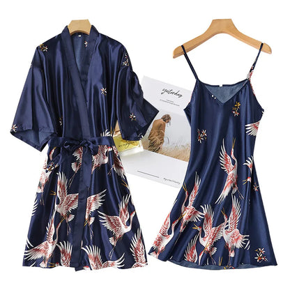 Faux Silk Kimono Robe And Gown Set