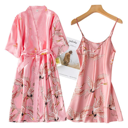 Faux Silk Kimono Robe And Gown Set