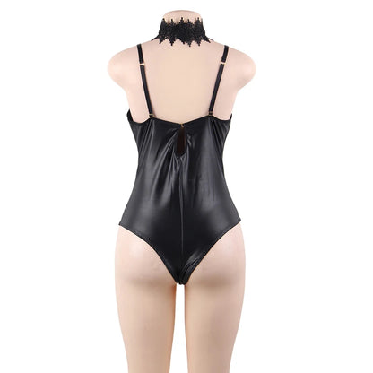 Women's Faux Leather Bodysuit with Lace Choker