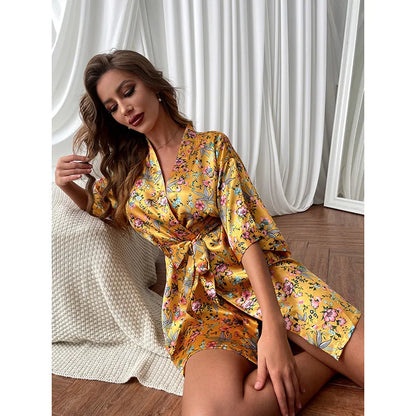 Yellow Flower Print Kimono Bathrobe