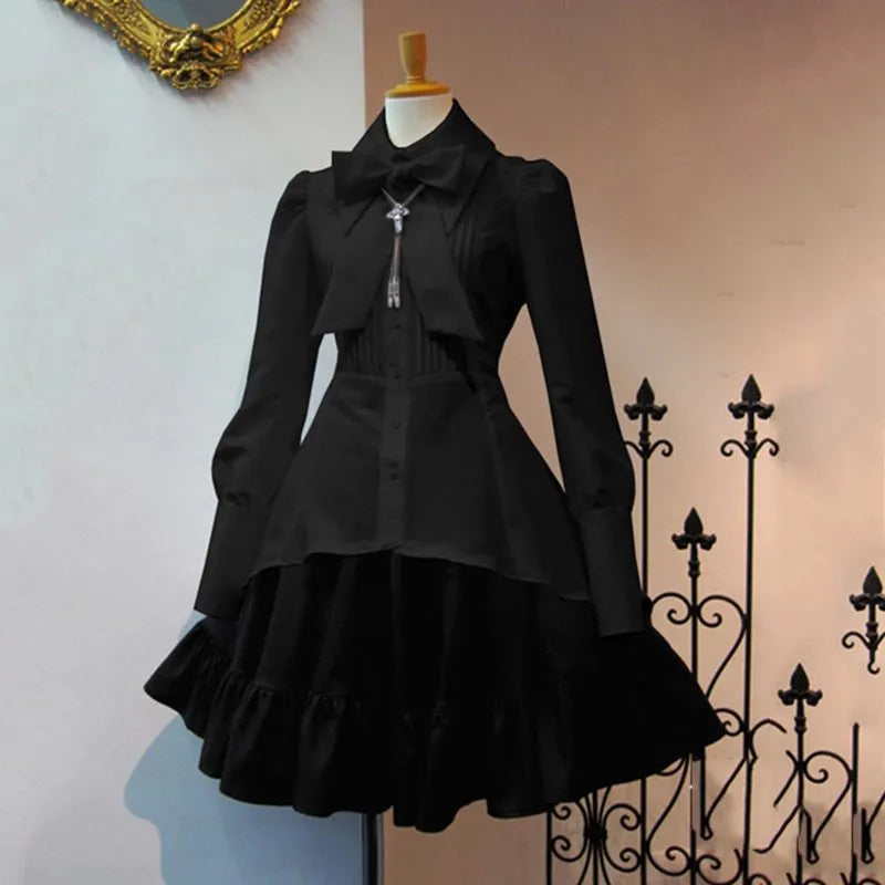 Elegant Pleated Lace Up Vintage Gothic Big Bow Collar Cosplay Costume