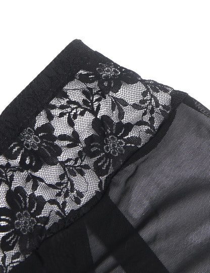 Women's Black Floral Lace Mid-Waist Sheer Mesh Garter with Metal Clips