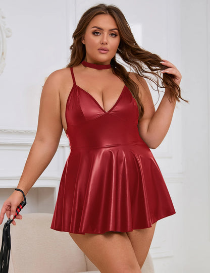 Plus Size Women's PU Leather Baby Doll Dress with Ruffles and Neck Ring