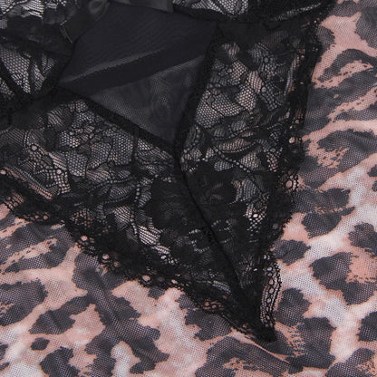 Women's Plus-Size Lace Trim Bodysuit with Leopard Print