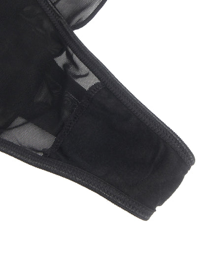 Women's Black Floral Lace Mid-Waist Sheer Mesh Garter with Metal Clips