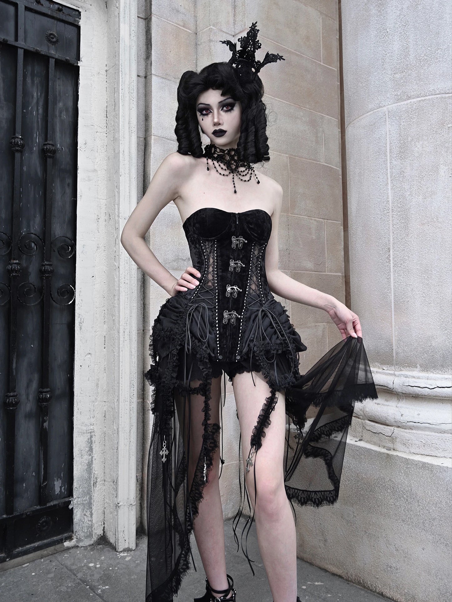 Black Gothic Fishbone Bandage Birdcage Corset Set / Individual