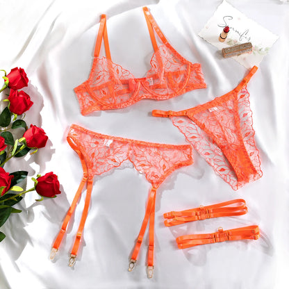 Neon Orange Fancy Lace Lingerie Set