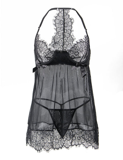 Women's Plus Size Black Sheer Babydoll Nightgown with Floral Eyelash Trim and Lace Panties