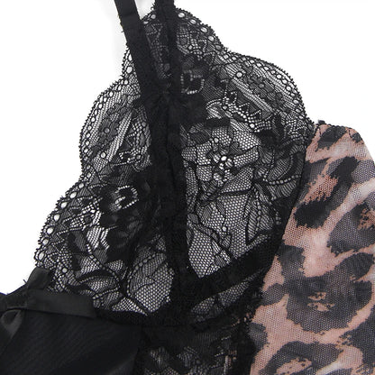 Women's Plus-Size Lace Trim Bodysuit with Leopard Print