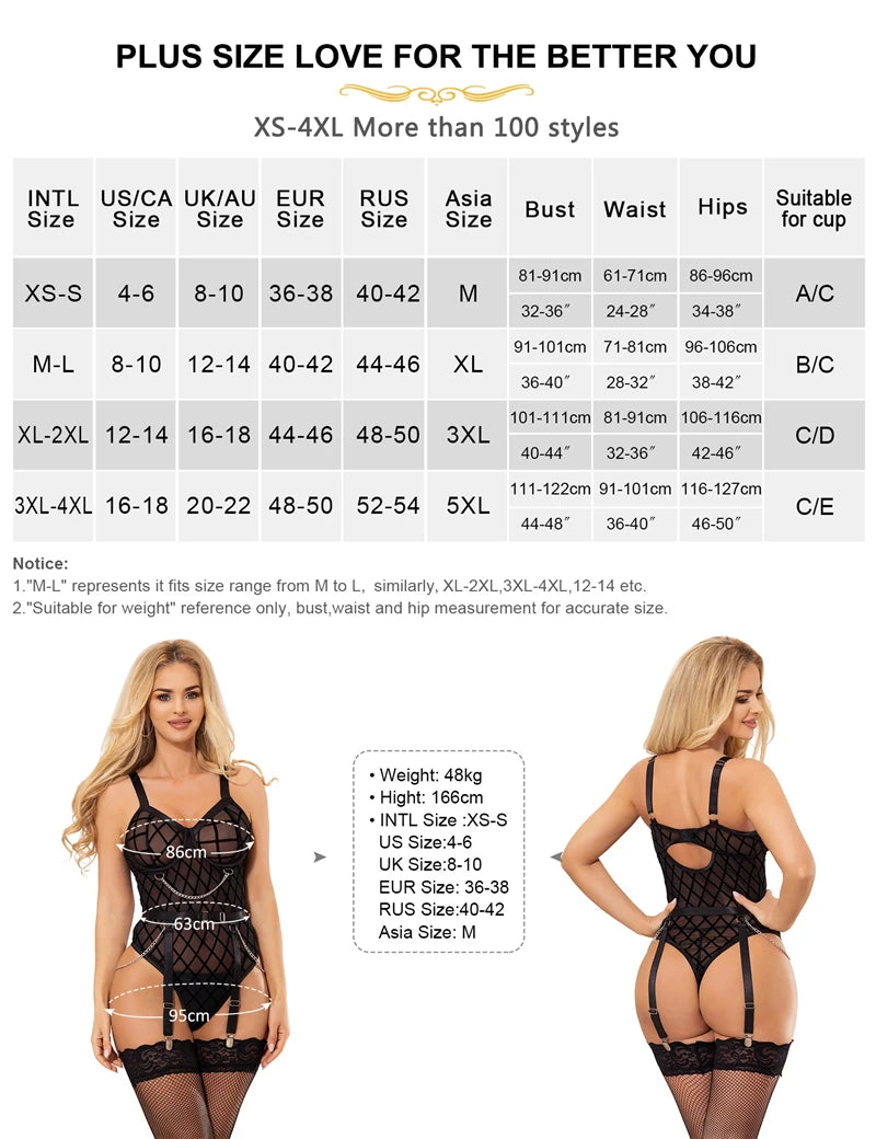 Plus Size Women's Bodysuit with Chains and Suspenders