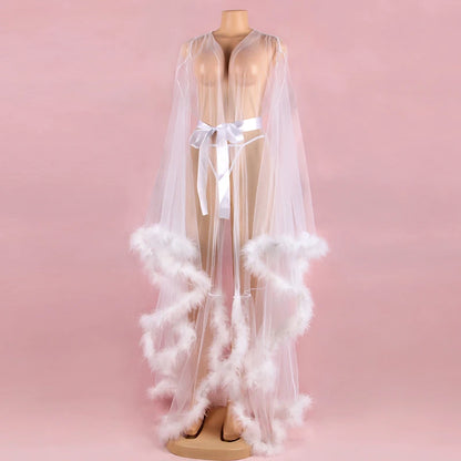 Women's Fur Bathrobe with Feather Lace Trim