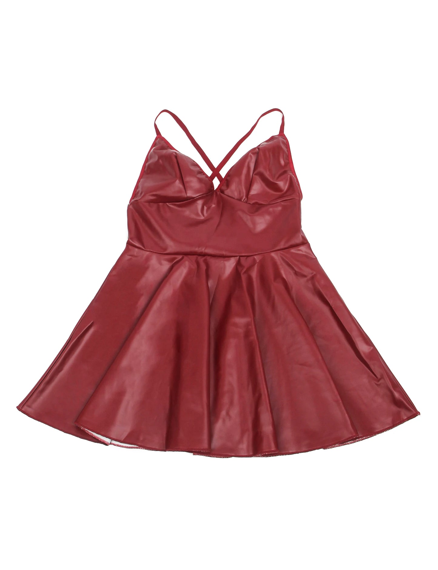 Plus Size Women's PU Leather Baby Doll Dress with Ruffles and Neck Ring