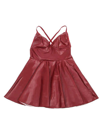 Plus Size Women's PU Leather Baby Doll Dress with Ruffles and Neck Ring