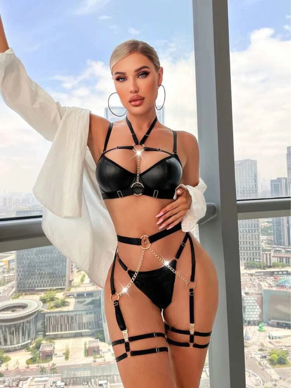 Latex PVC Lingerie Set With Chain Accents