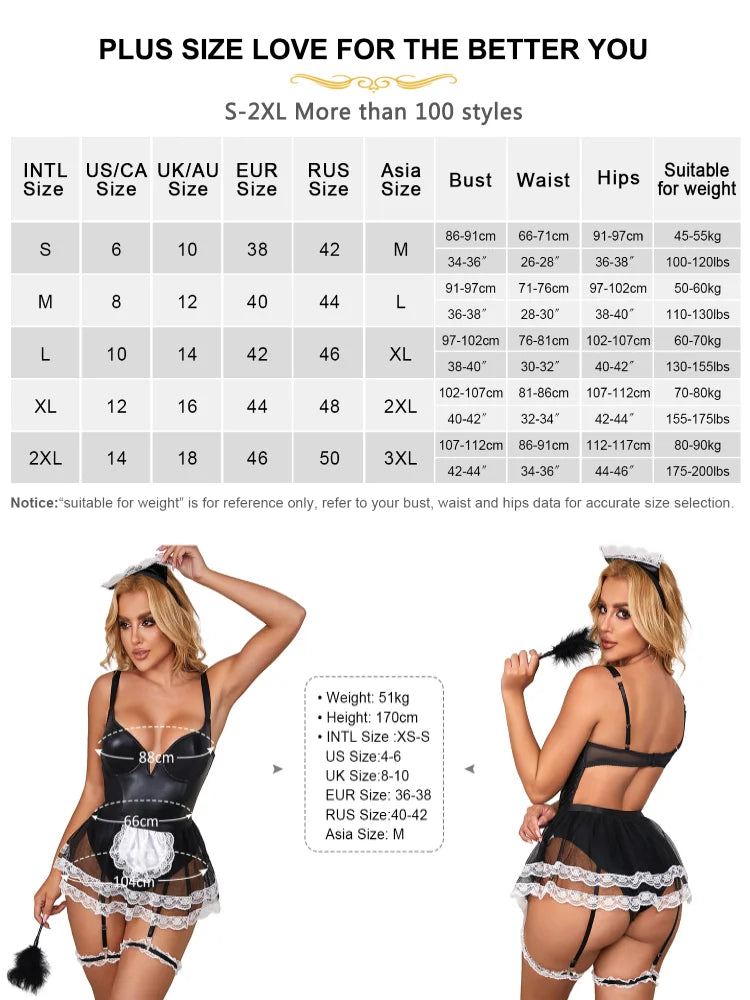 Women's Plus-Size Maid Costume: PU Leather Leotard with Suspenders