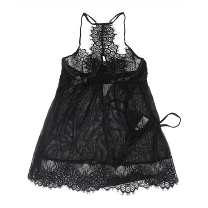 Women's Plus Size Black Sheer Babydoll Nightgown with Floral Eyelash Trim and Lace Panties