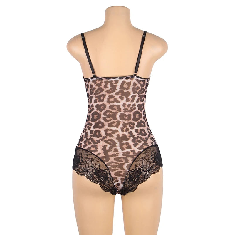 Women's Plus-Size Lace Trim Bodysuit with Leopard Print