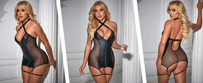 Women's Black Mesh Halter Baby Doll With Leg Rings