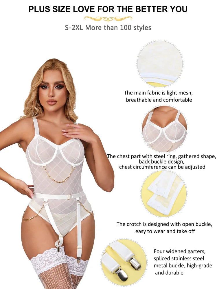 Transparent White Lingerie With Garter Belts And Chain