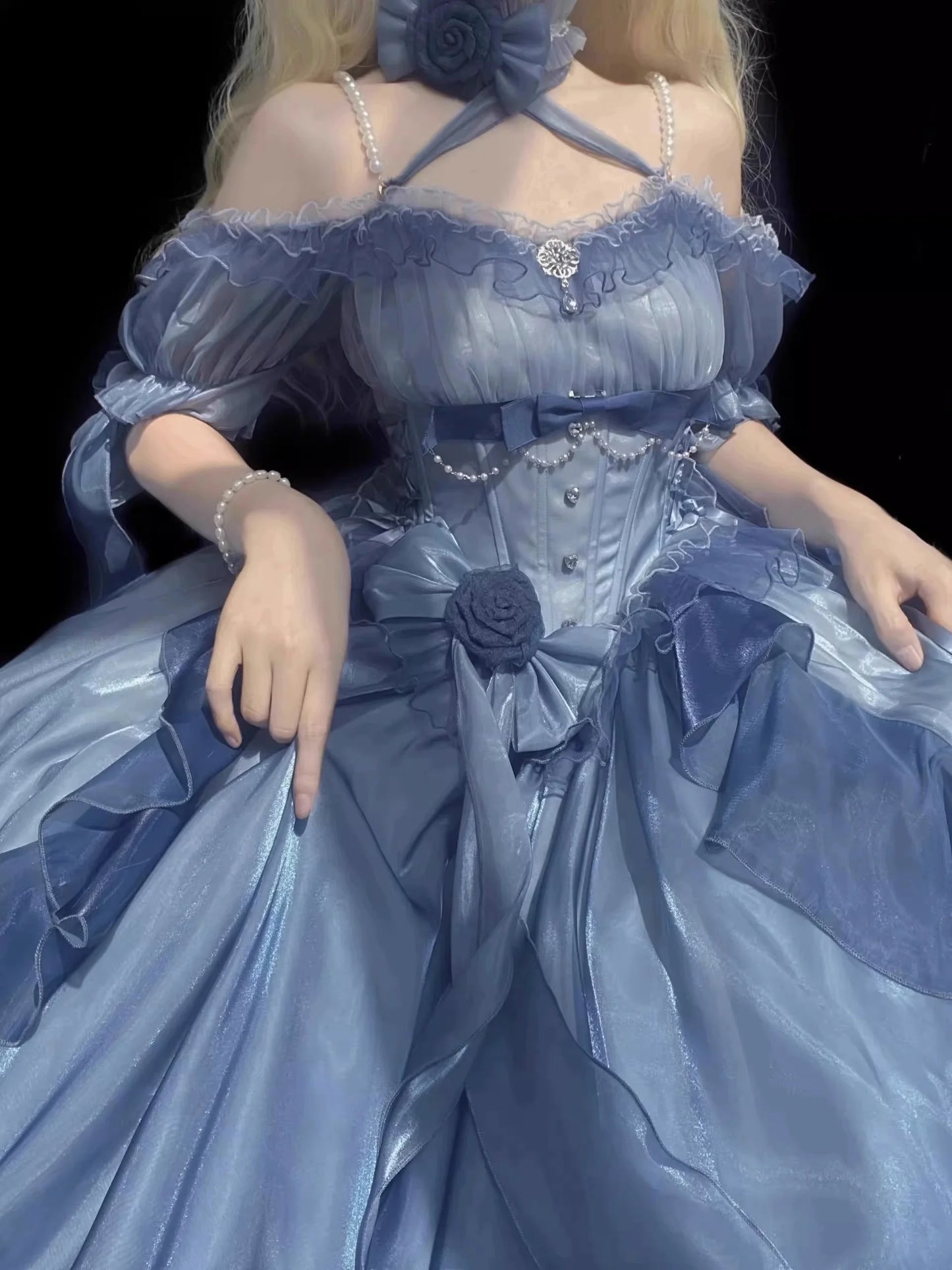 Blue Flower Puffy Princess Cosplay Dress