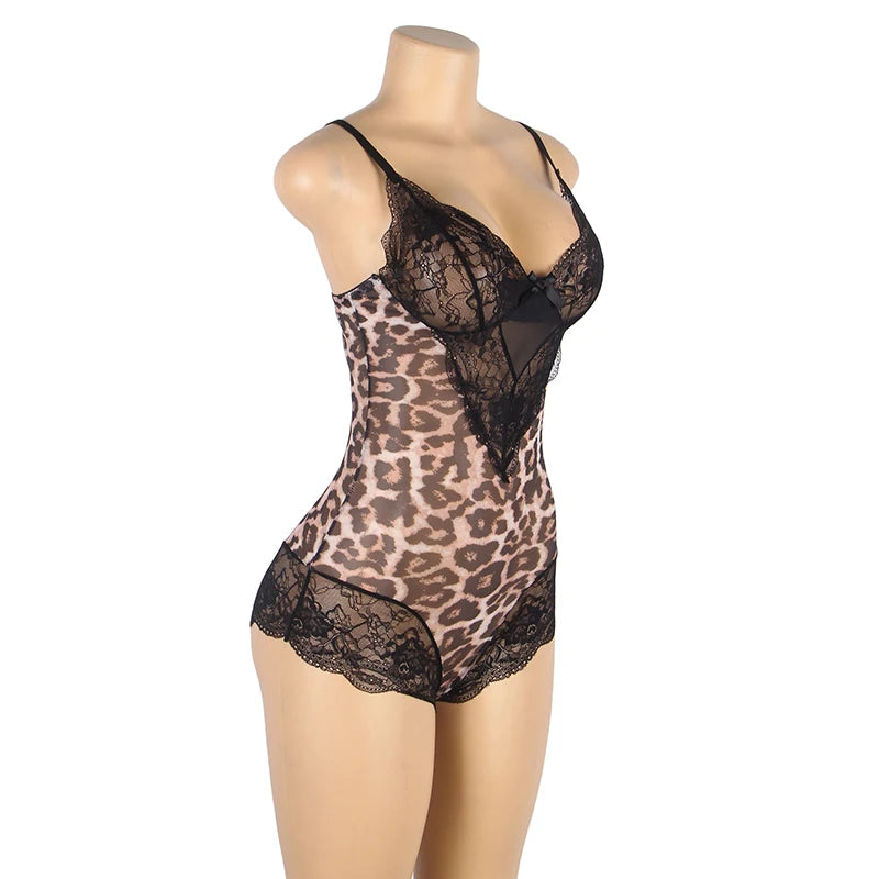 Women's Plus-Size Lace Trim Bodysuit with Leopard Print