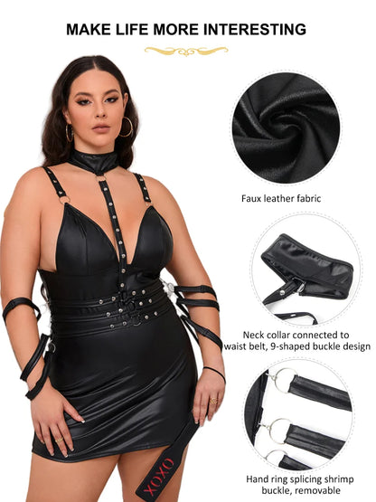 Plus Size Women's Leather Mini Dress With Arm Restraints