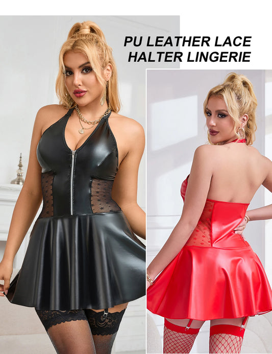 Women's V-Neck Babydoll Set in PU Leather with Garter Belts