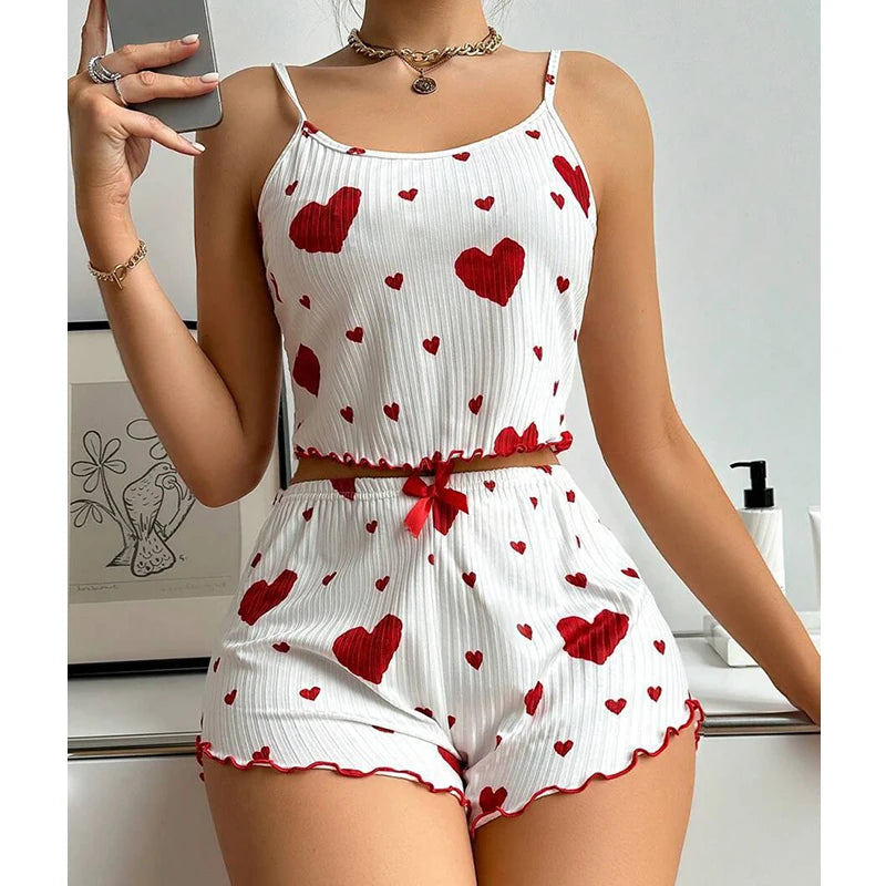 Heart Print Camisole With Shorts Pajama Set