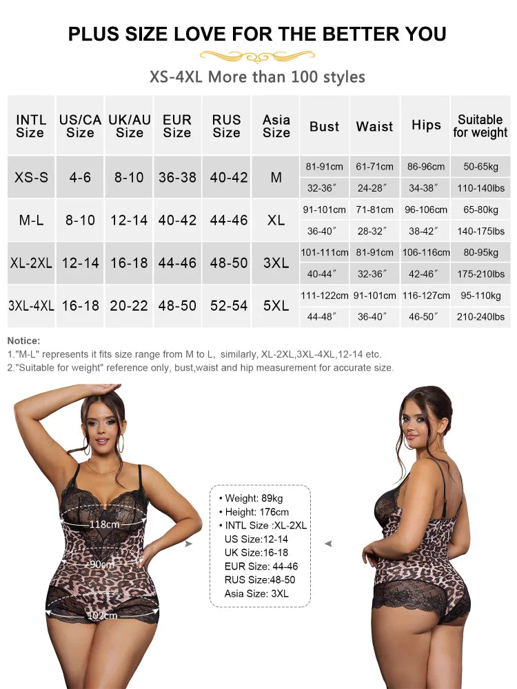 Women's Plus-Size Lace Trim Bodysuit with Leopard Print