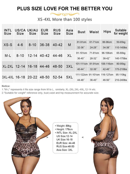 Women's Plus-Size Lace Trim Bodysuit with Leopard Print