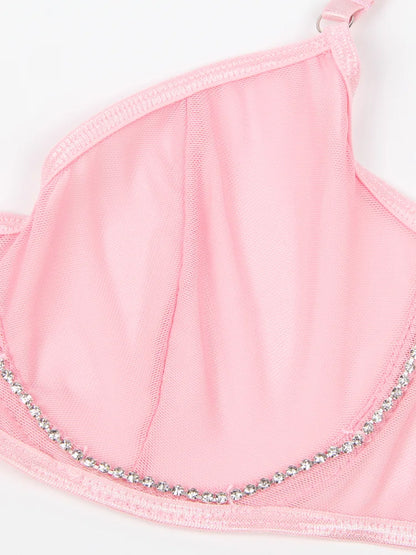 Women’s 3-Piece Mesh Lingerie Set - Underwire Bra, Garter Panties & Belt - Plus Size Available - Crystal Embellished