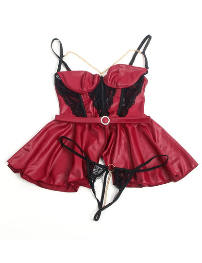 Women’s Mini Leather And Lace Baby Doll with Chains