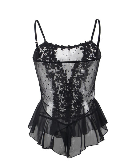 Women's Black Ruffled Bodysuit